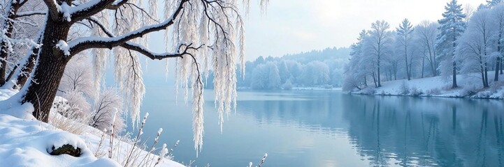 Frozen lake with snow-covered willow branches, frozen, branch, natural
