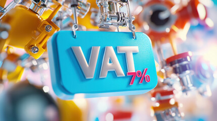 Colorful label with VAT 7% hanging among vibrant mechanical parts