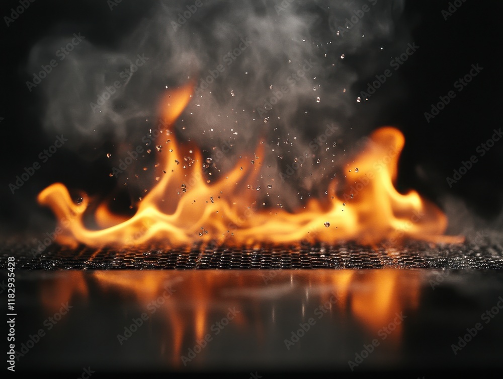 Poster intense flames dancing with water droplets on a dark surface, creating a dynamic and mesmerizing vis