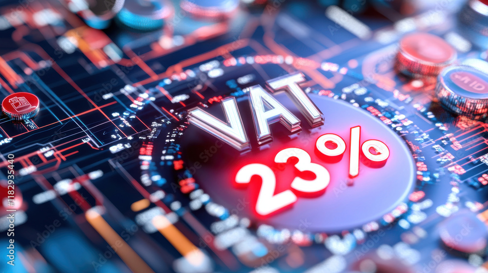 Aufkleber vat 23% displayed on digital circuit board with glowing elements