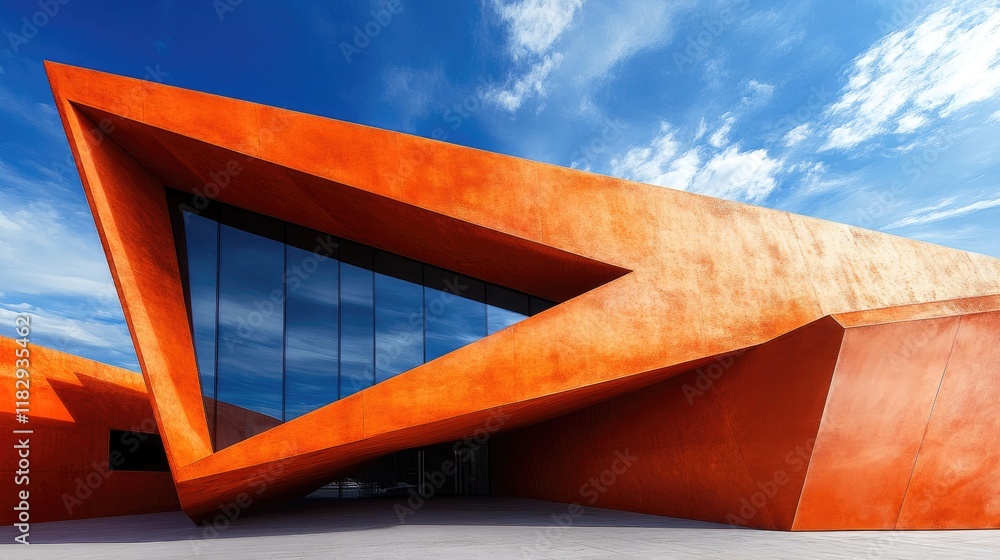 Poster An eye-catching modern geometric architecture with sharp, clean lines, creating a powerful contrast against the vibrant blue sky above.