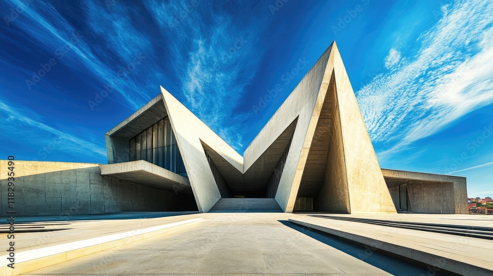 Poster An eye-catching modern geometric architecture with sharp, clean lines, creating a powerful contrast against the vibrant blue sky above.