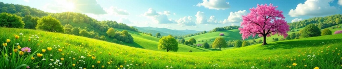 Obraz premium Green hills with trees and flowers blooming in spring, flower, tree