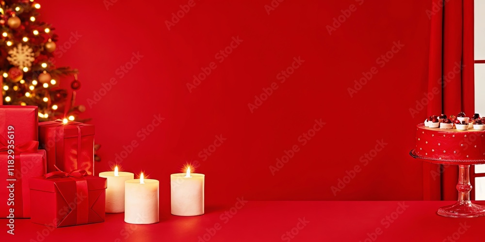 Poster a red background with a christmas tree and candles