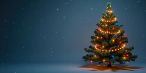 A Festive Decorated Evergreen Tree with Warm Lights and Colorful Ornaments on a Snowy Night Background