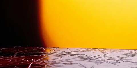 A close up of a yellow background with a red leaf pattern