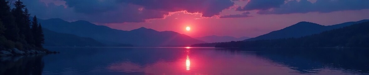 Fototapeta premium Lunar light illuminates a serene lake scene at dusk, Nature,