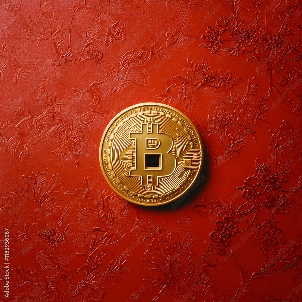 Poster golden bitcoin cryptocurrency coin on textured orange background representing the future of digital 