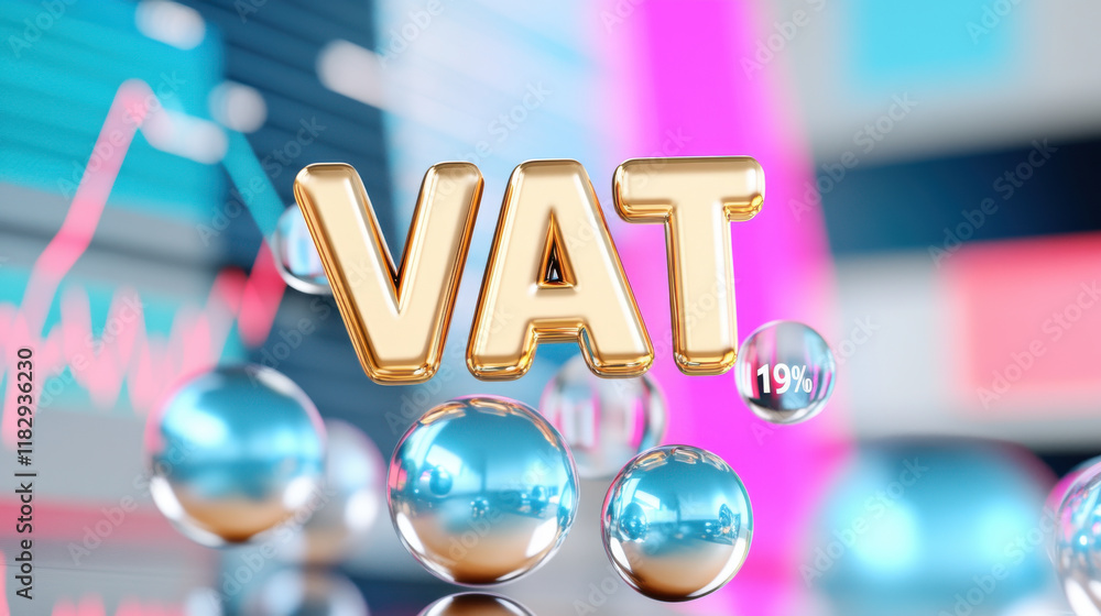Poster gold vat letters floating above colorful bubbles and graphs, symbolizing finance