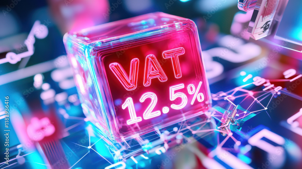 Poster glowing cube with vat 12.5% text, symbolizing tax concepts and finance