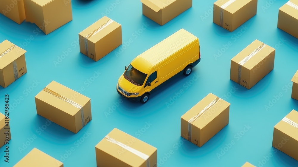 Poster bright yellow delivery vans surrounded by cardboard boxes on a blue background, representing fast de