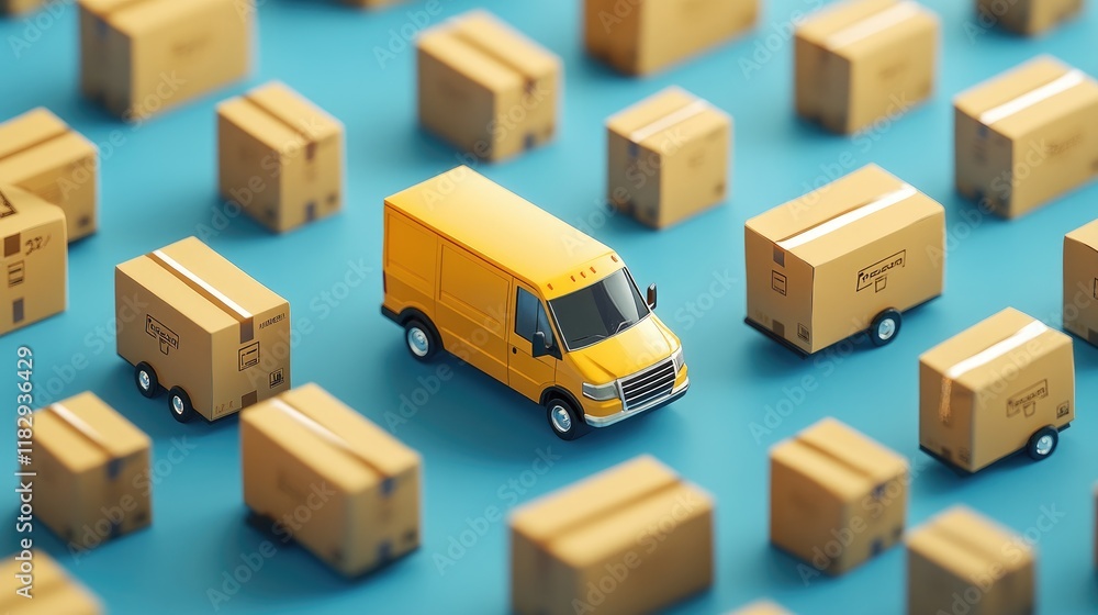 Poster bright yellow delivery vans surrounded by cardboard boxes on a blue background, representing fast de