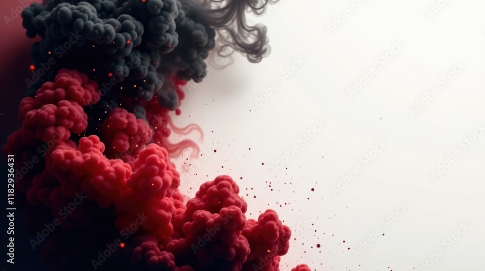 Poster abstract red and dark gray ink swirls with glowing particles against white background