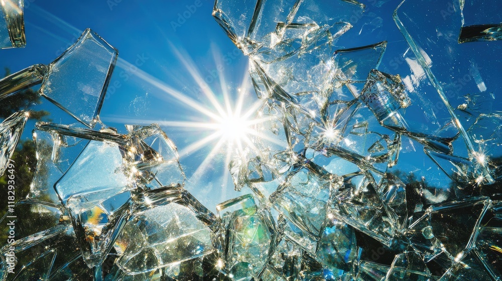 Poster broken glass fragments sparkling in the sunlight, set against a brilliant blue sky, offering a dynam