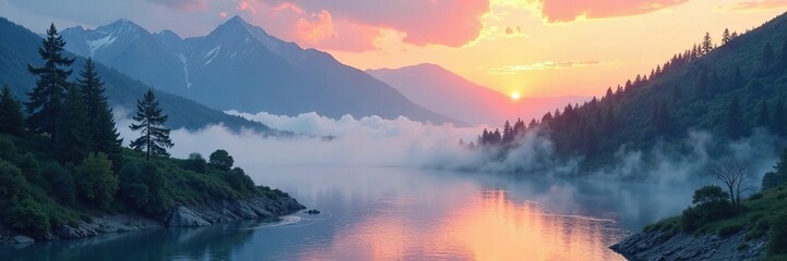 Obraz premium Misty dawn on serene mountain landscape with river flowing gently through, mist, watercolor