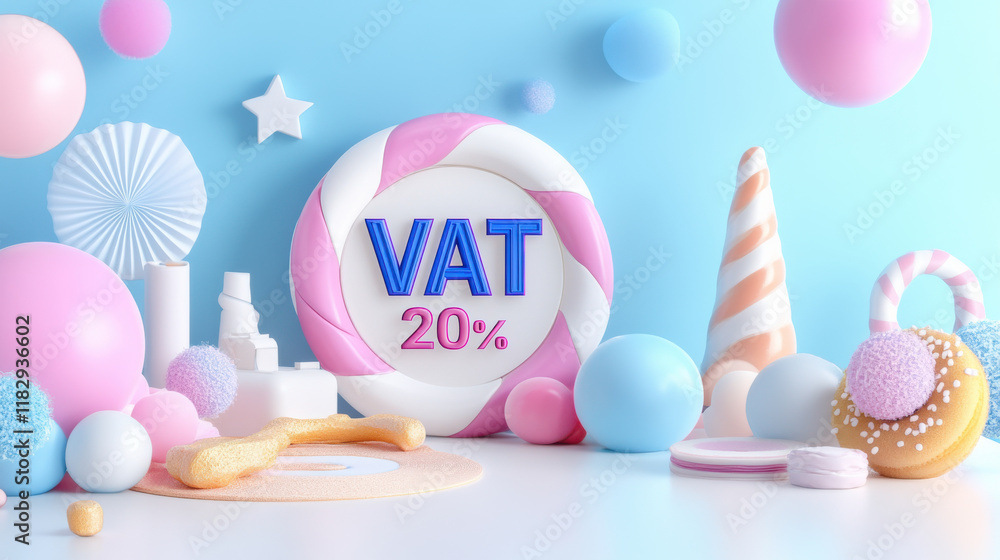 Poster bright and colorful 3d display featuring vat 20% with playful elements