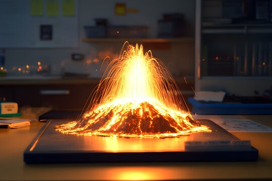 Volcano model, erupting, under bright light, classroom science fair backdrop. 