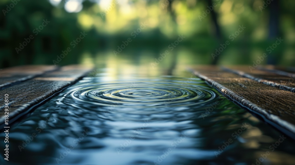Poster calm ripples moving across a rustic wooden surface, with a soft outdoor backdrop, reflecting the tra