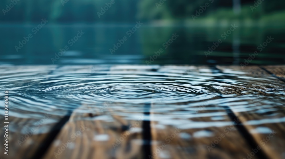Poster calm ripples moving across a rustic wooden surface, with a soft outdoor backdrop, reflecting the tra