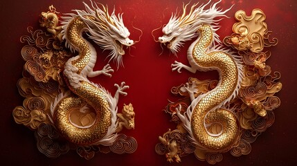 Obraz premium Majestic golden dragons intertwined in an ornate oriental design symbolizing power prosperity and harmony in traditional Chinese mythology and culture