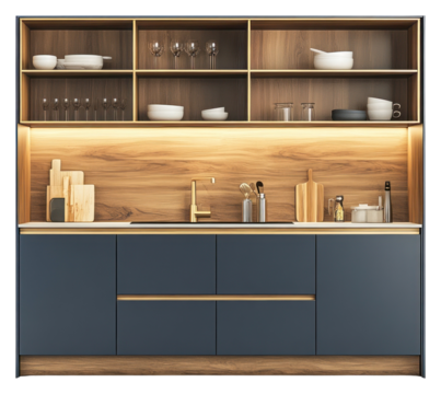 PNG Blue modern cabinet kitchen minimalist furniture shelves.
