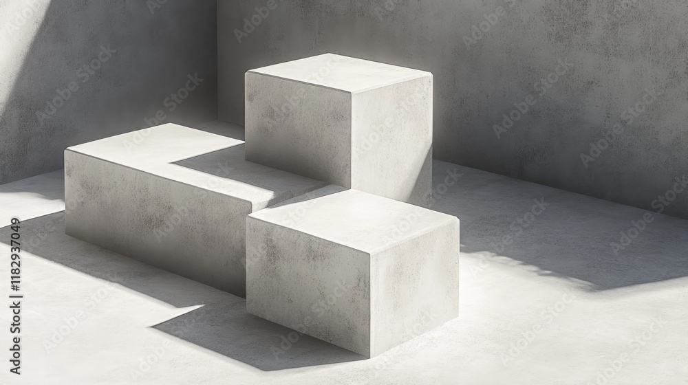 Poster clean and modern composition featuring concrete cubes in a minimalist layout, casting sharp, interes