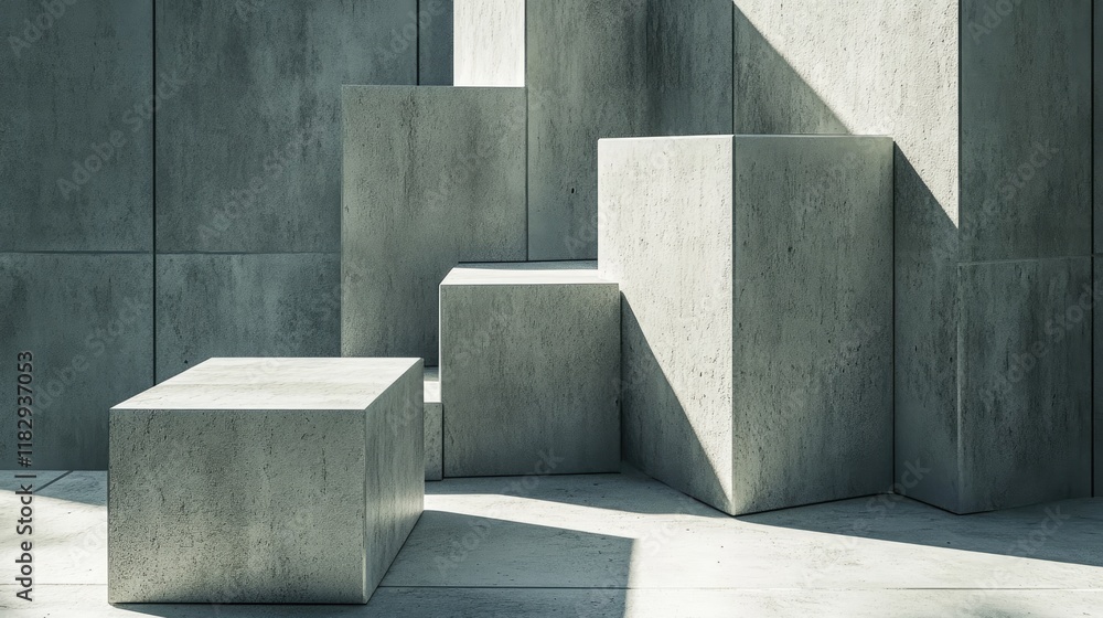 Poster Clean and modern composition featuring concrete cubes in a minimalist layout, casting sharp, interesting shadows on the surface below.