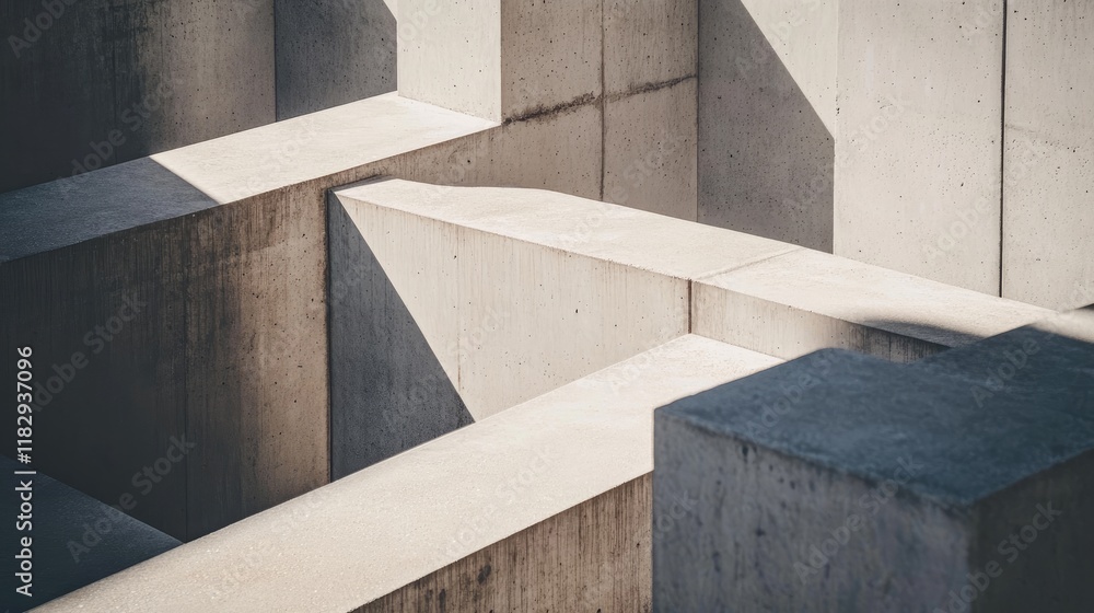 Poster close-up of a minimalist concrete cube arrangement, where shadows cast a dramatic and abstract geome