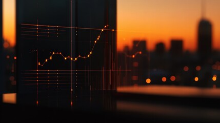 Financial Growth at Sunset: A Cityscape Backdrop to  Stock Market Data Visualization