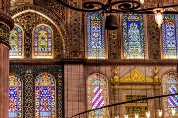 Blue Mosque stained glass, Istanbul, Turkey. Blue Mosque or Sultan Ahmed Mosque built in 1616 by...