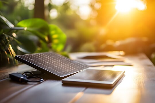 Solar panel, set up on a desk, charging device, soft light, educational setting. 