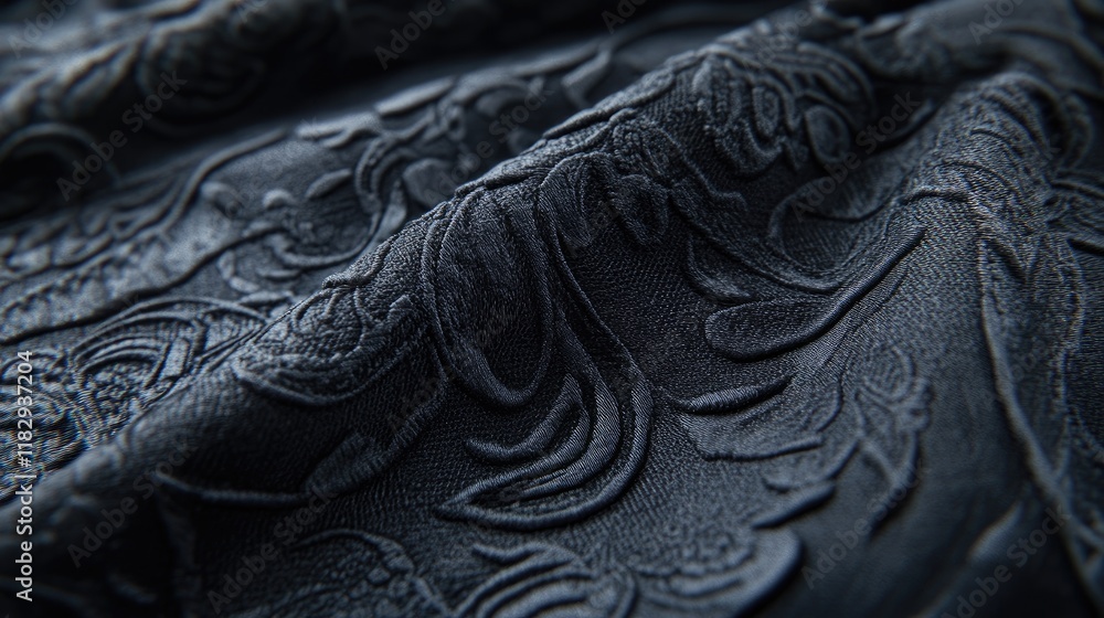 Aufkleber Close-up of black textured fabric with an intricate, detailed pattern, showcasing the depth and complexity of the design.