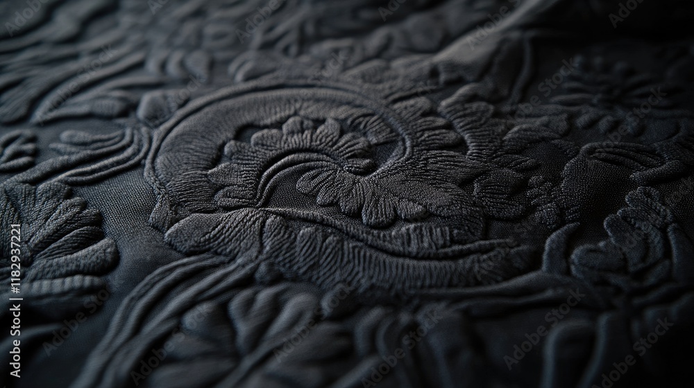 Aufkleber Close-up of black textured fabric with an intricate, detailed pattern, showcasing the depth and complexity of the design.