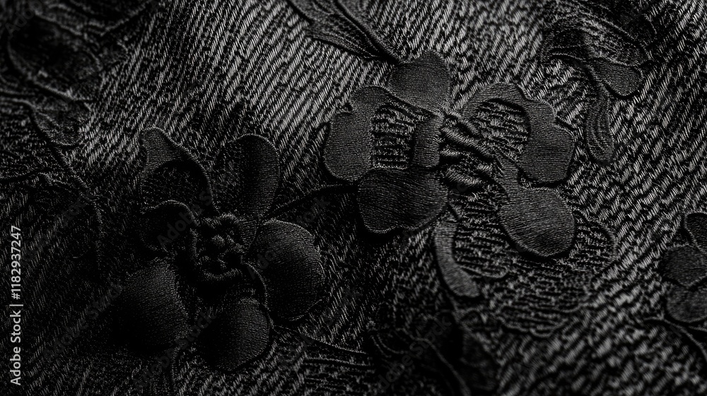 Aufkleber Close-up of black textured fabric with an intricate, detailed pattern, showcasing the depth and complexity of the design.