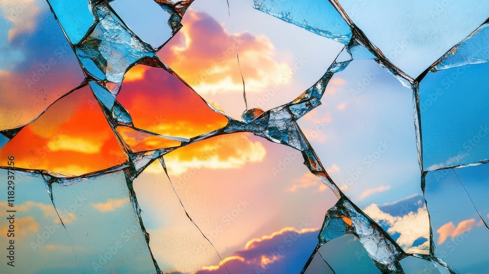 Poster Close-up of cracked mirror pieces on a white surface, each fragment reflecting the vibrant sky, creating an abstract and captivating scene.