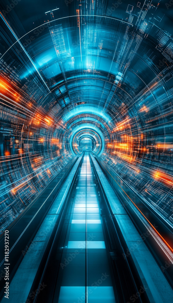 Poster futuristic tunnel with glowing lights and digital patterns, creating sense of speed