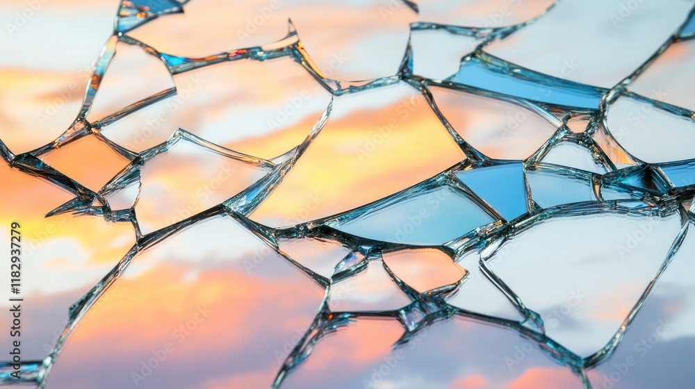 Poster Close-up of cracked mirror pieces on a white surface, each fragment reflecting the vibrant sky, creating an abstract and captivating scene.