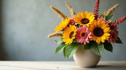 A vibrant autumnal floral arrangement featuring sunflowers and gerbera daisies in a simple, elegant vase