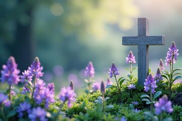 Pastel purple cross with green foliage and subtle copy space, nature, copy space