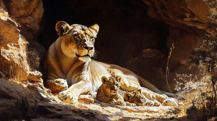 A lioness resting with her cubs under the shade of a rocky outcrop, watching over them protectively