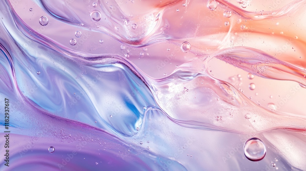 Poster Close-up of transparent liquid flowing smoothly with bubbles, blending into a gradient of soft, subtle colors for a tranquil and abstract feel.
