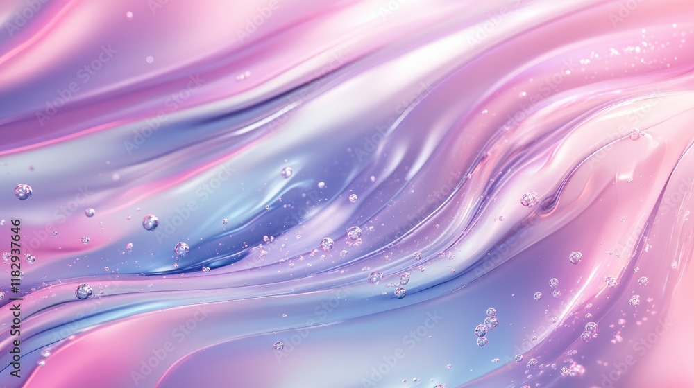 Poster Close-up of transparent liquid flowing smoothly with bubbles, blending into a gradient of soft, subtle colors for a tranquil and abstract feel.
