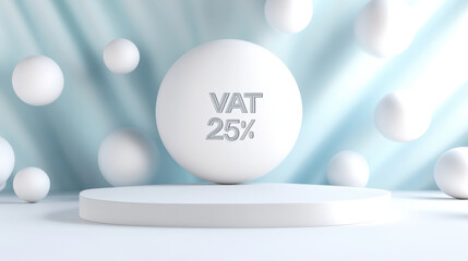 VAT 25% displayed on clean white sphere with floating spheres around