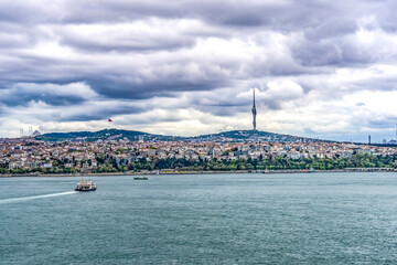 Fototapeta premium Istanbul, Turkey. Bridge connects Europe on the left to Asia on the right. Strait connects Mediterranean to Black Sea.