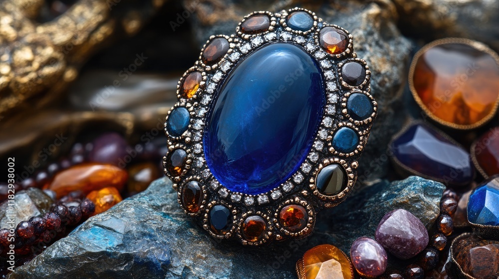 Poster elegant blue onyx surrounded by a border of rich, earthy gemstones, emphasizing the contrast between