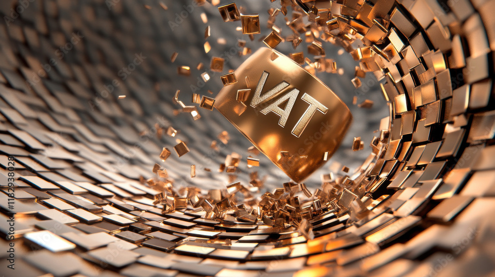 Poster floating bronze vat surrounded by shimmering golden cubes, creating dynamic visual