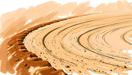 graded clay-rich dirt along a turn at a dirt race track, color sketch. isolated with white highlights