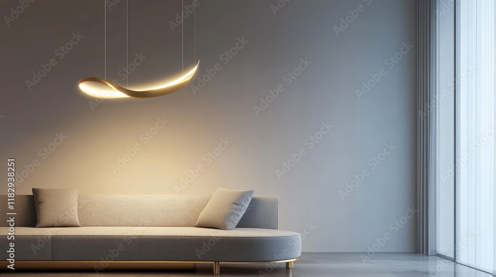 Aufkleber elegant gold light fixture with modern curves, glowing warmly in a minimalist interior, creating an 