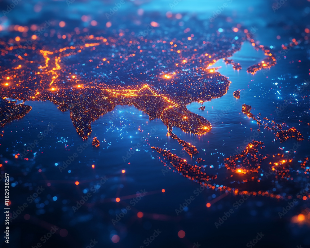 Poster digital map of southeast asia with illuminated nodes showcasing connections