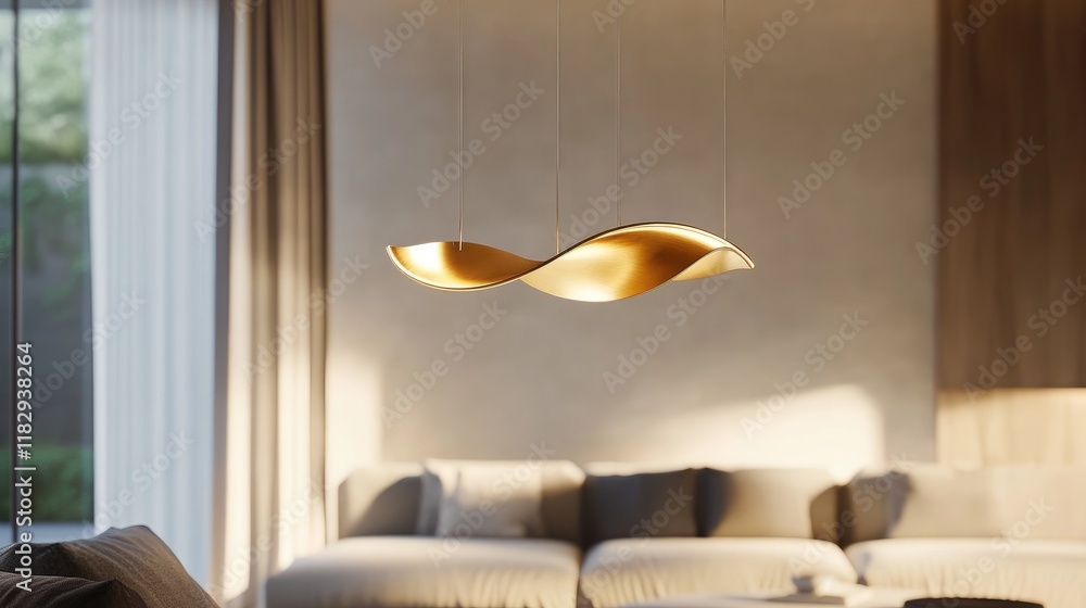 Poster elegant gold light fixture with modern curves, glowing warmly in a minimalist interior, creating an 